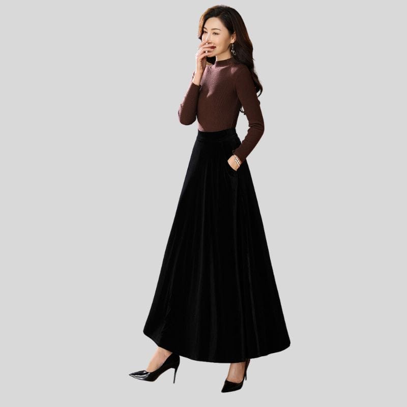 Jupe-Longue-en-Velours-Femme