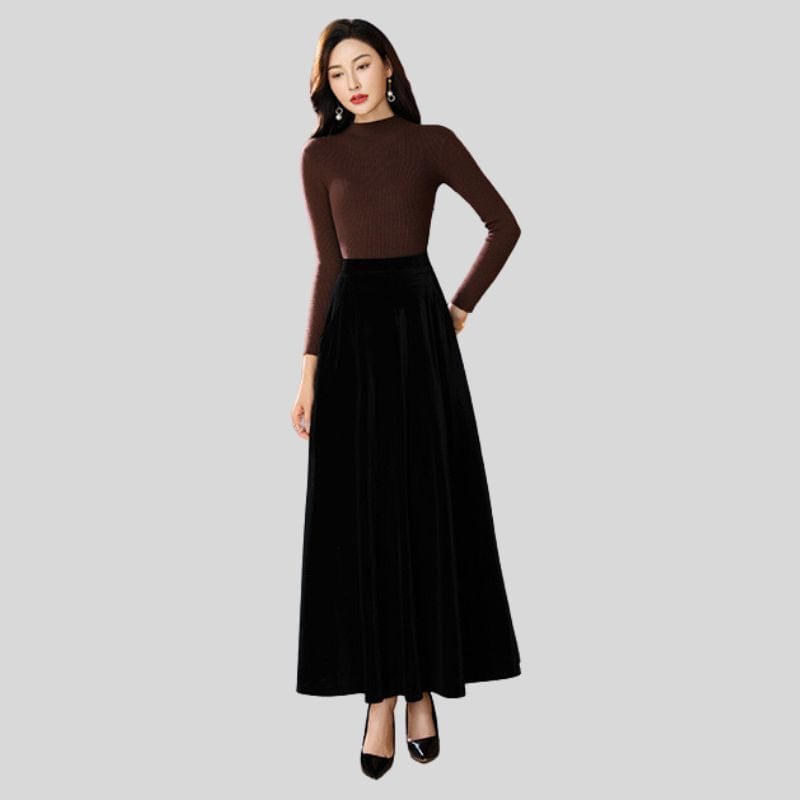 Jupe-Longue-en-Velours-Femme