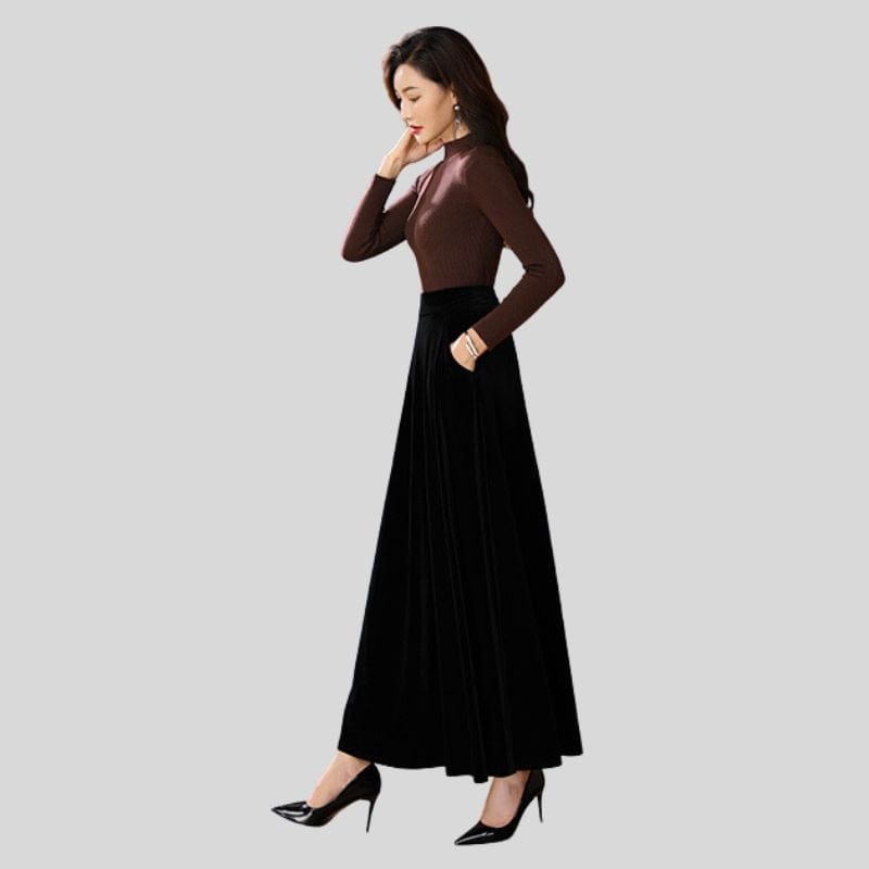 Jupe-Longue-en-Velours-Femme