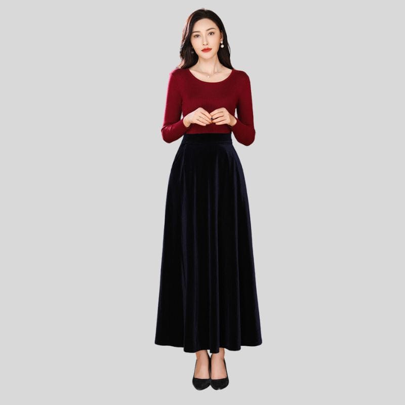 Jupe-Longue-en-Velours-Femme