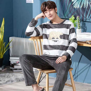 Pyjama Homme Hiver Bresdk - Ensemble 2 Pièces Coton Doux à Manches Longues, Taille élastique S-3XL