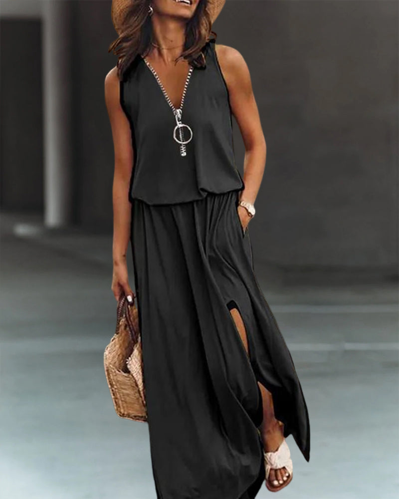 Élégance Noire | Robe Femme Cintrée avec Fente &amp; Fermeture Éclair | Style Polyvalent pour Toutes Occasions 3