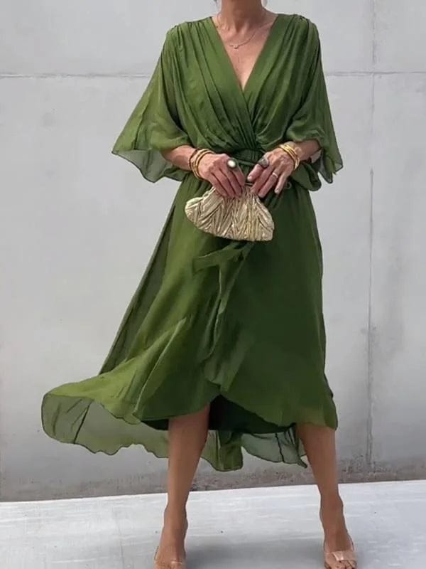 Elisabet | Robe Longue Femme à Manches Chauve-Souris avec Décolleté Croisé | Élégance Aérienne pour Toutes Occasions 0