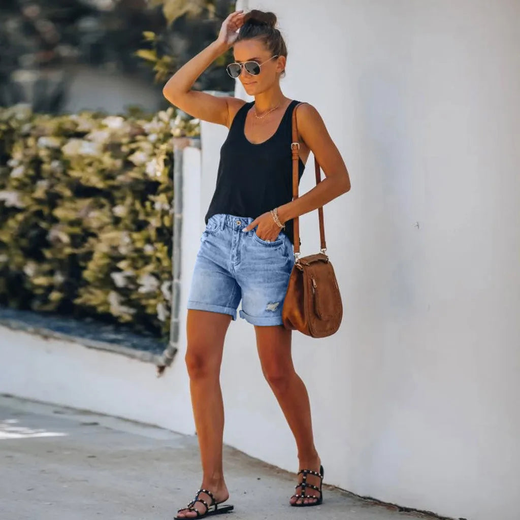 Emma | Short Jean Femme Taille Haute Décontracté avec Ourlet Roulé 1