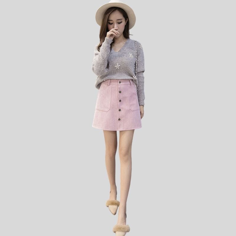 Jupe-Rose-Velours-Cotelé