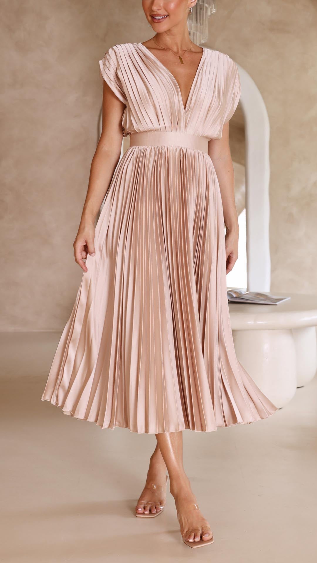 Lila | Élégante Robe Midi Femme Plissée Chic à Col en V 5