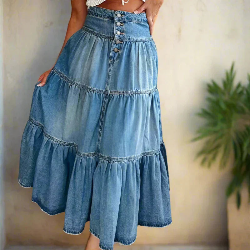 Mode Bohème | Jupe Longue Femme en Jean à Volants | Taille Haute pour Élégance Décontractée 0