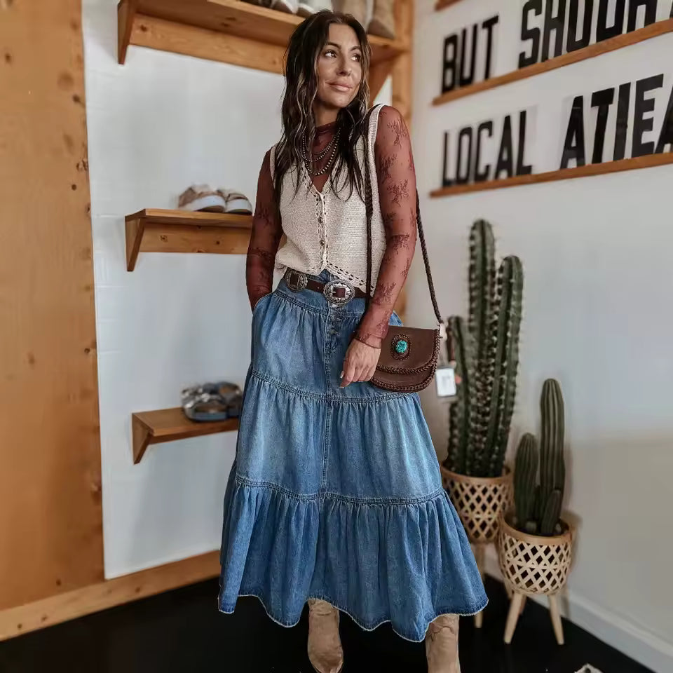Styl Boho | Spódnica Jeansowa Damska Długa z Falbanami | Wysoki Stan dla Codziennej Elegancji