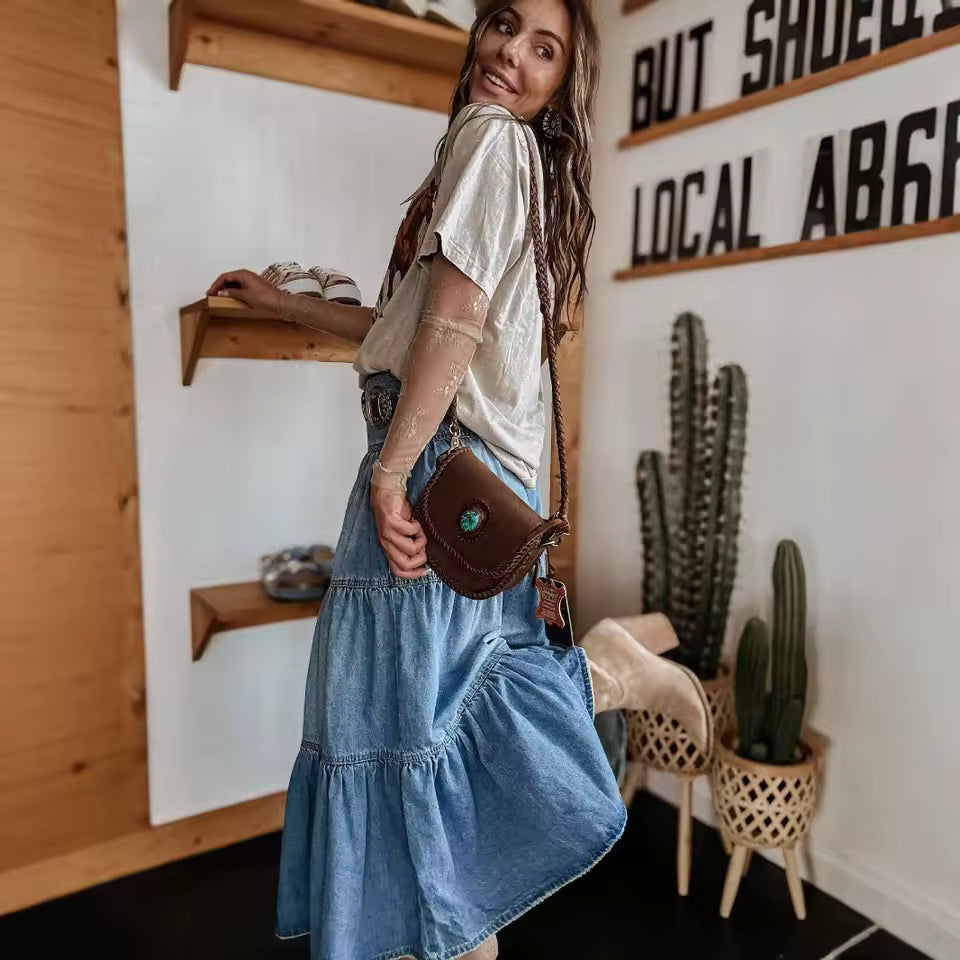 Styl Boho | Spódnica Jeansowa Damska Długa z Falbanami | Wysoki Stan dla Codziennej Elegancji
