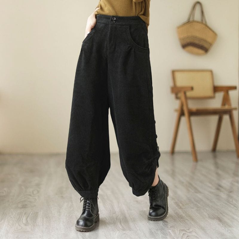 Pantalon-Noir-Velour-Cotelé-Femme