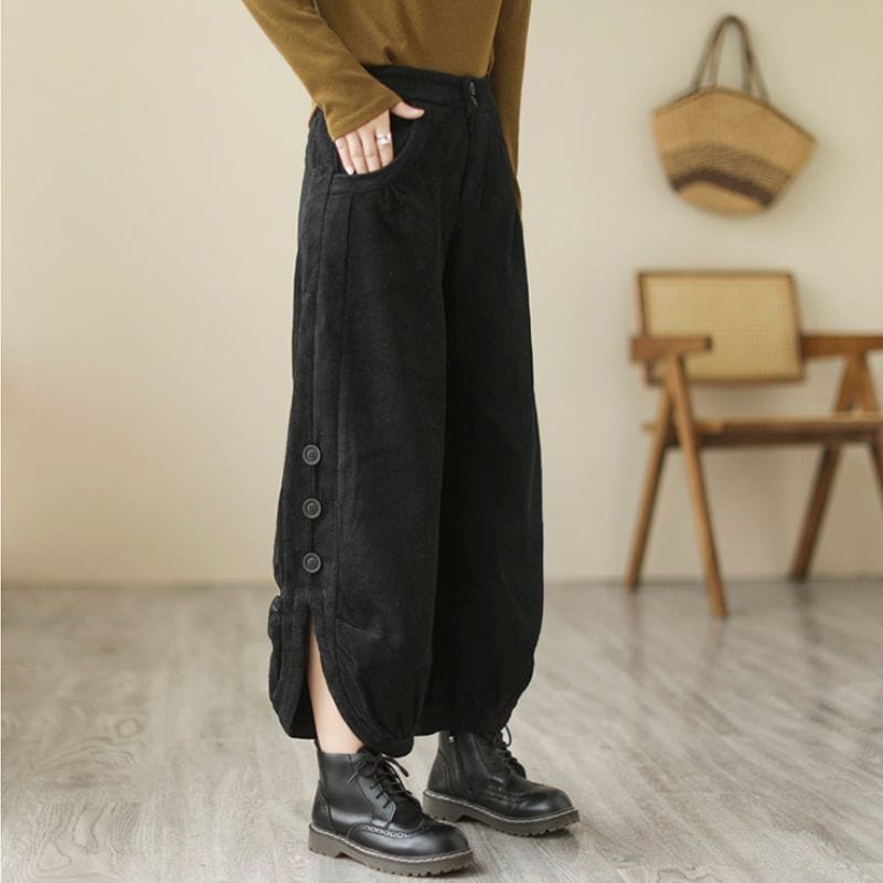 Pantalon-Noir-Velour-Cotelé-Femme