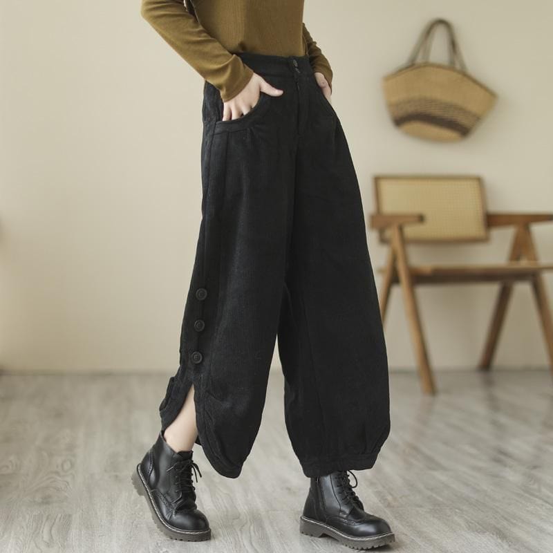 Pantalon-Noir-Velour-Cotelé-Femme