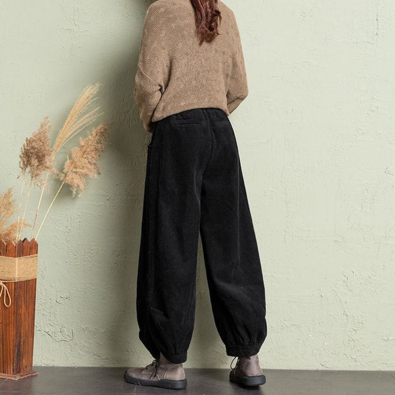 Pantalon-Noir-Velour-Cotelé-Femme