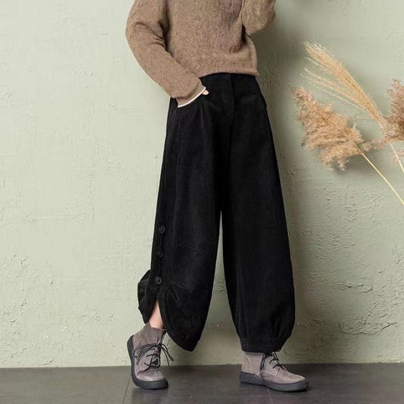 Pantalon-Noir-Velour-Cotelé-Femme