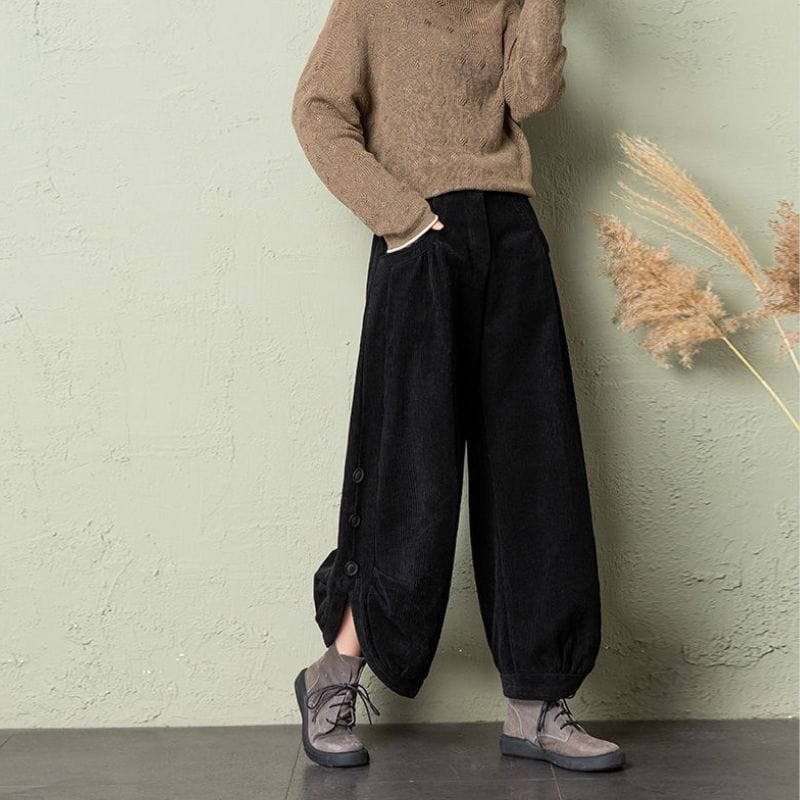 Pantalon-Noir-Velour-Cotelé-Femme