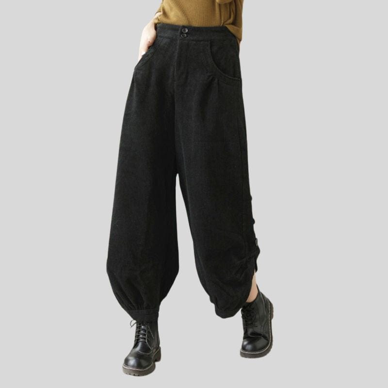 Pantalon-Noir-Velour-Cotelé-Femme