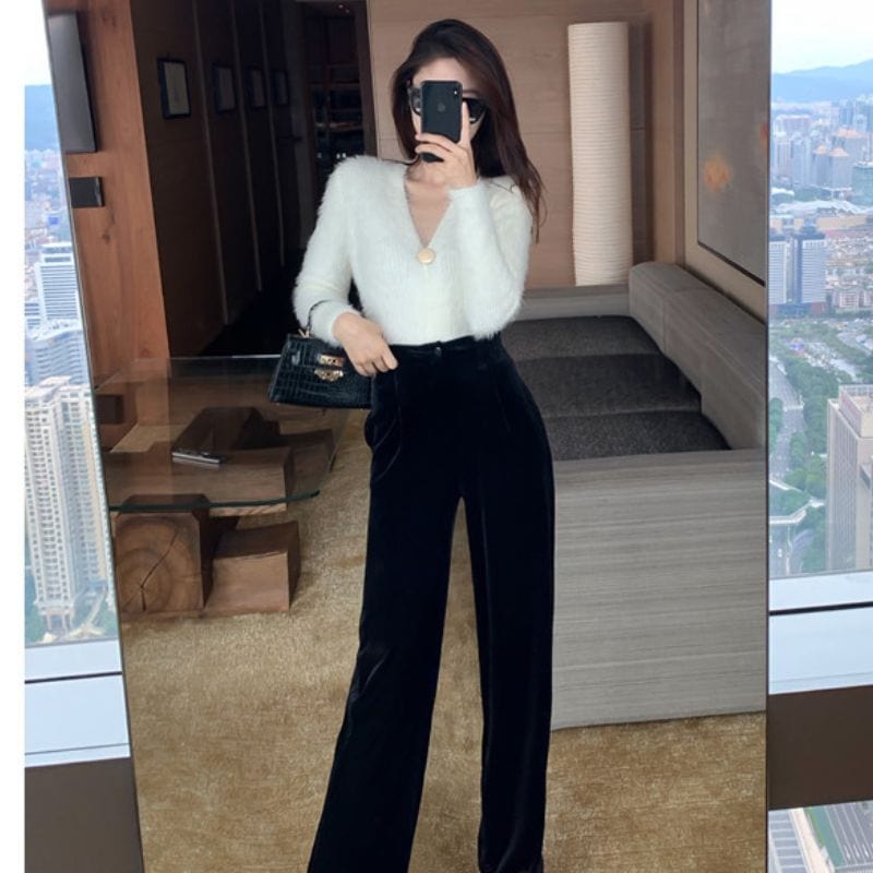 Pantalon-Velours-Lisse-Femme