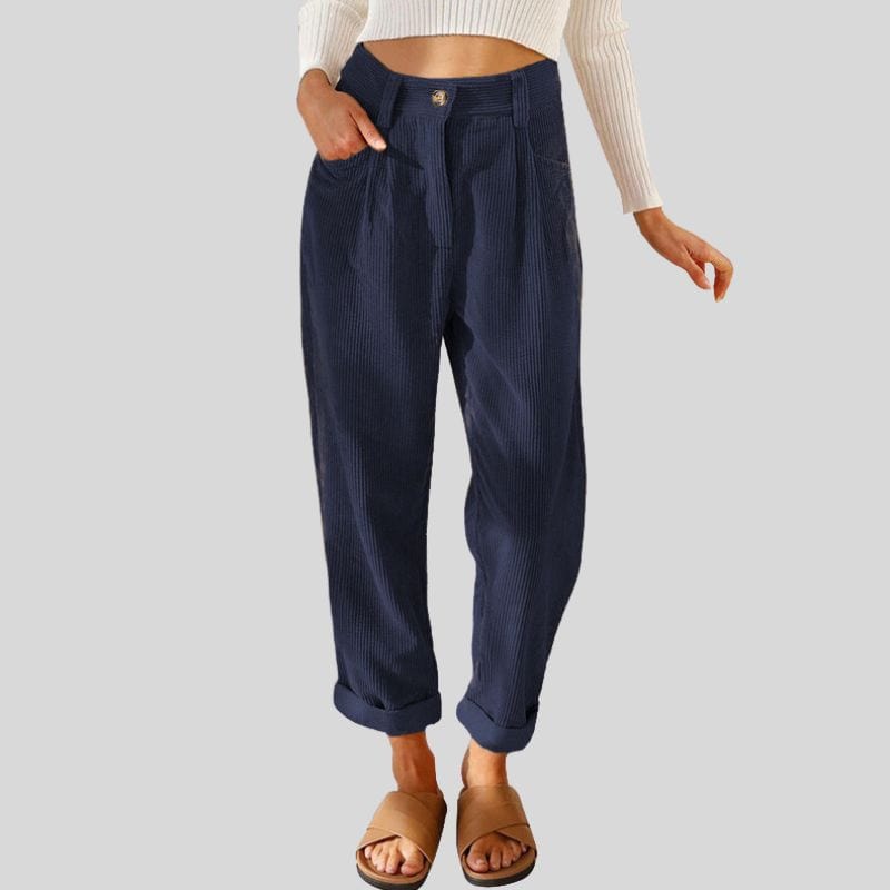 Pantalon-en-Velours-Bleu-Marine-Femme