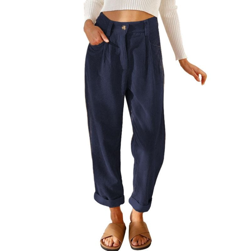 Pantalon en Velours Bleu Marine Femme