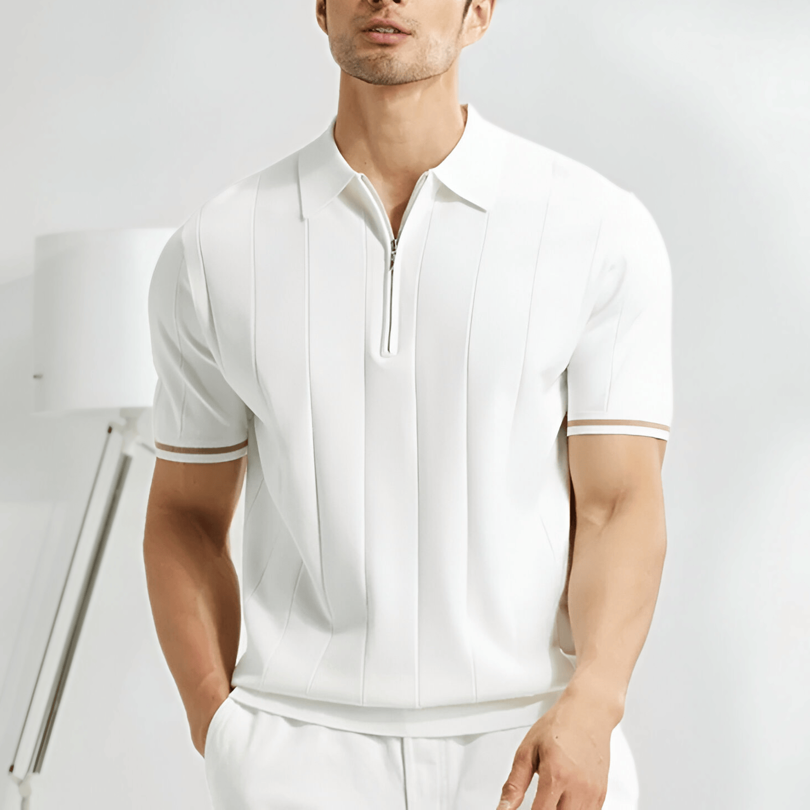 Polo Chic | Polo Homme à Quart de Zip avec Rayures Verticales | Élégance Décontractée pour Toutes Occasions 0