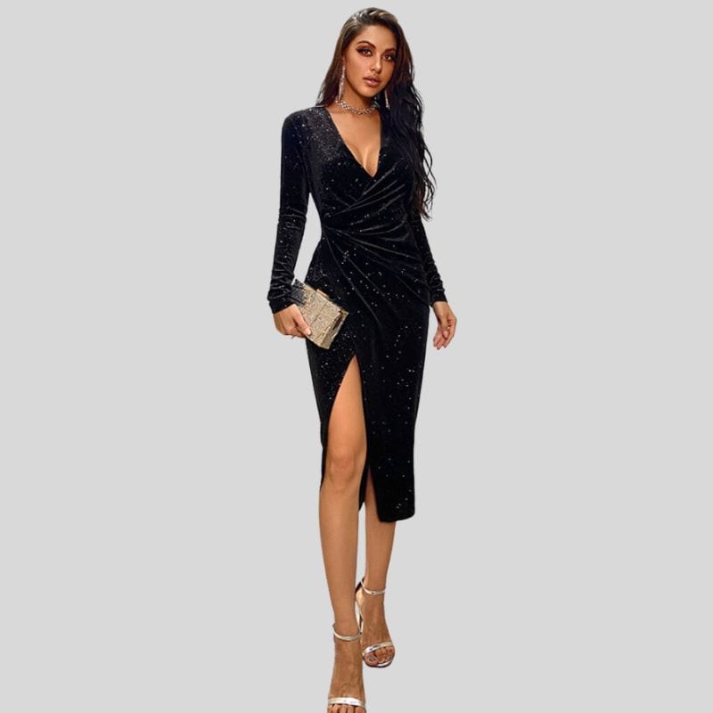 Robe-Velour-Noir-Manche-Longue