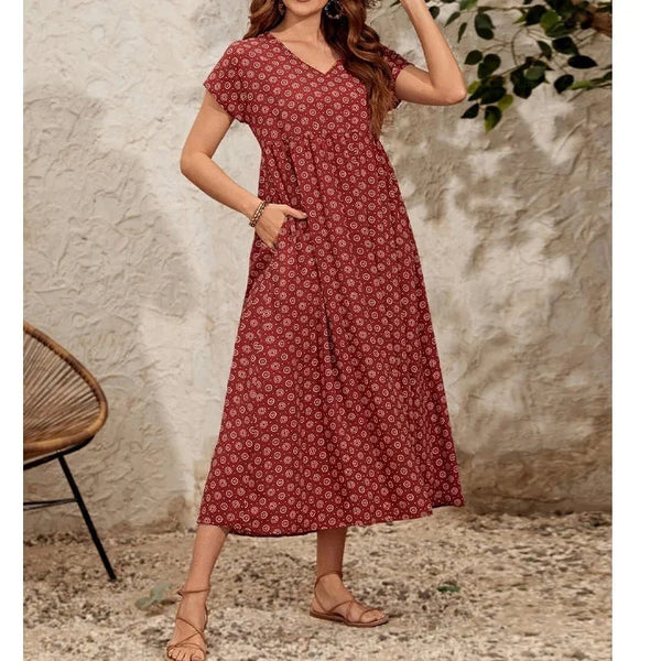 Robe Longue Femme Vintage en Lin et Coton avec Encolure en V | Élégance et Confort pour Toutes Occasions 0