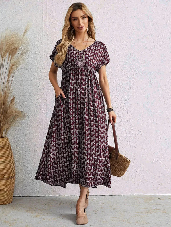 Robe Longue Femme Vintage en Lin et Coton avec Encolure en V | Élégance et Confort pour Toutes Occasions 1