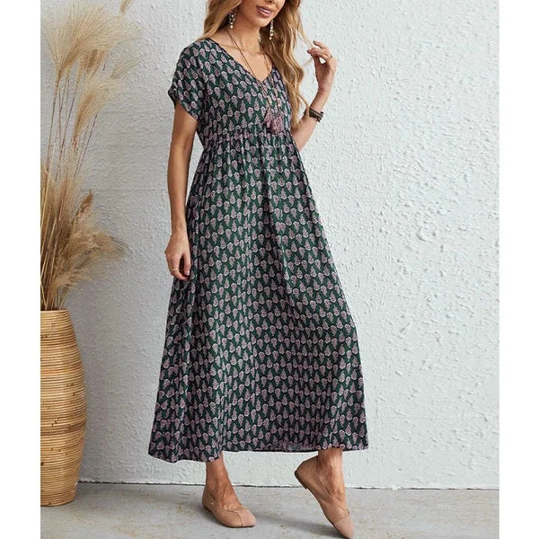 Robe Longue Femme Vintage en Lin et Coton avec Encolure en V | Élégance et Confort pour Toutes Occasions 3