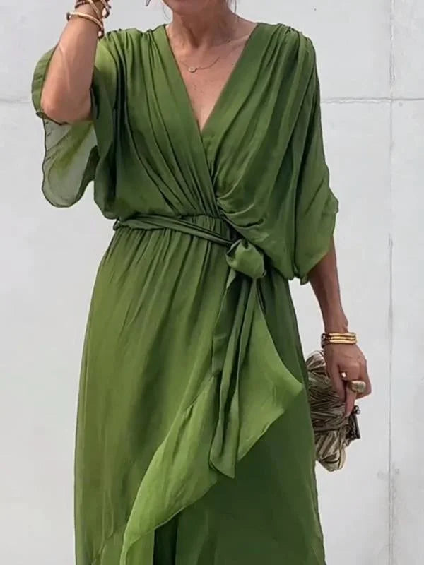 Robe Longue Femme | Robe Maxi en Mousseline de Soie Verte avec Décolleté en V | Élégance et Confort pour Été 2