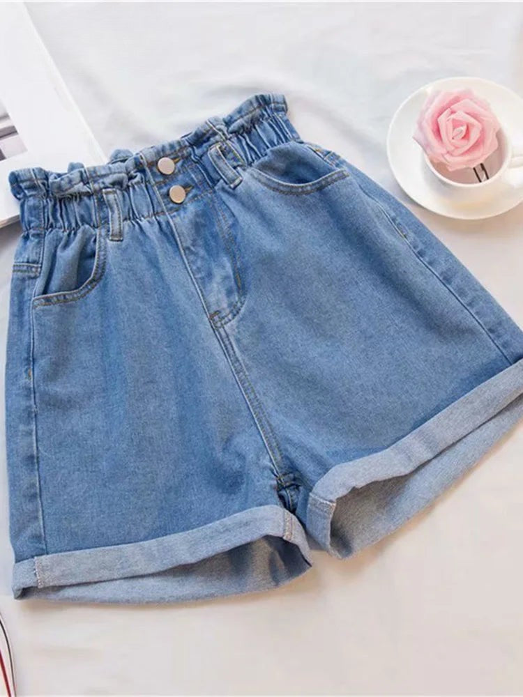 Short Jean Femme | Short En Jean Taille Haute avec Taille Élastique | Style Vintage Décontracté pour Confort Optimal 0