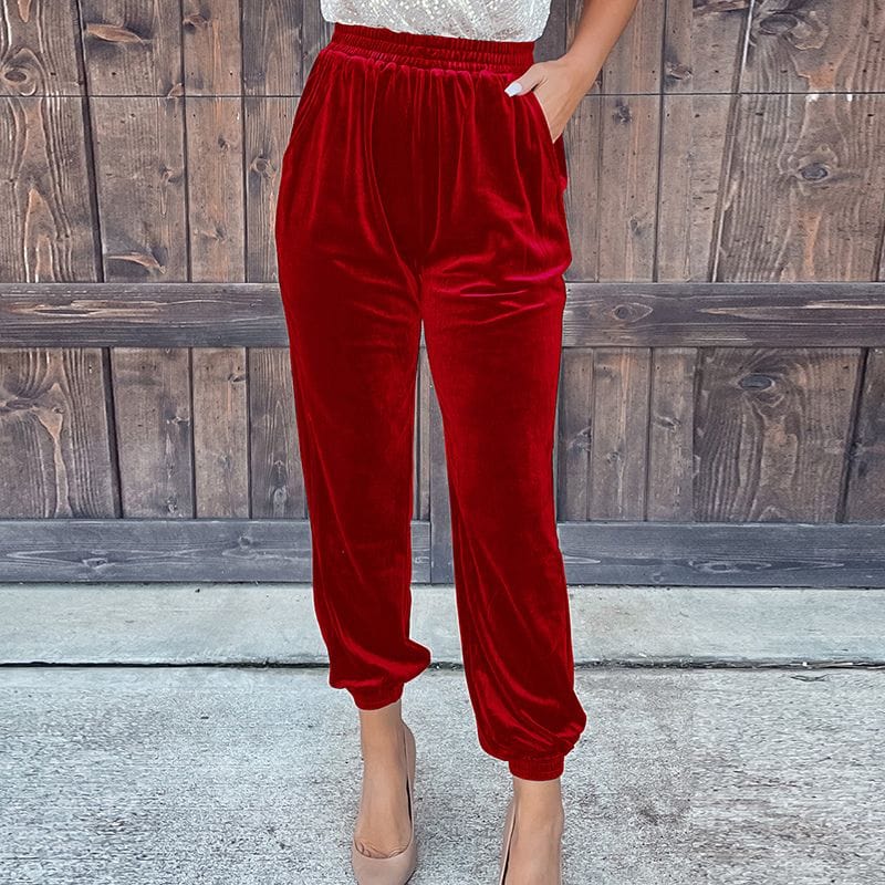 Pantalon-Velours-Rouge-Femme